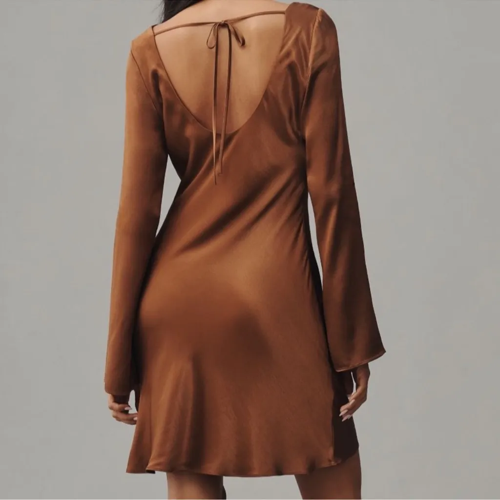 By Anthropologie Women’s Long Bell Sleeve Cowl Neck Satin Brown Mini Dress XS - Image 5