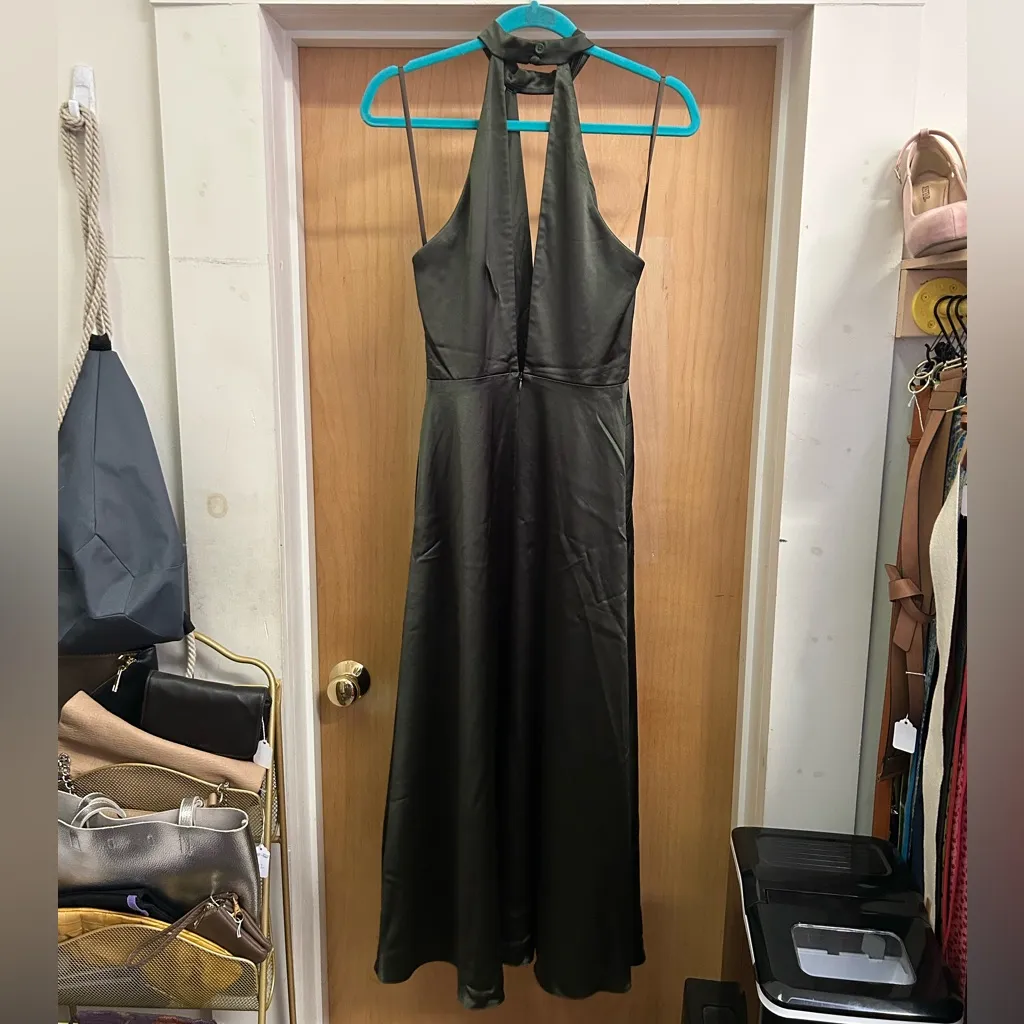 Jill by Jill Stuart Olive Green Satin Dress with Plunging Neckline - size 4 - Image 3