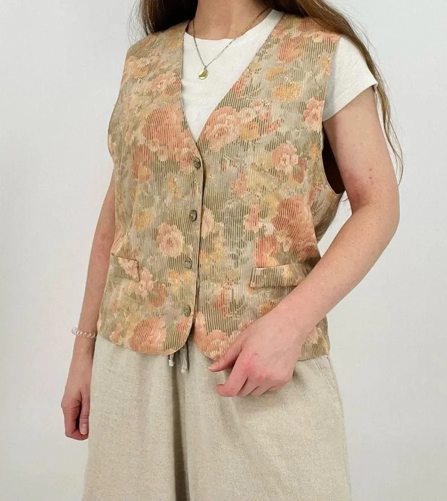 vintage dreamy cottagecore button down vest floral striped peach pink Orange Size M - Image 5