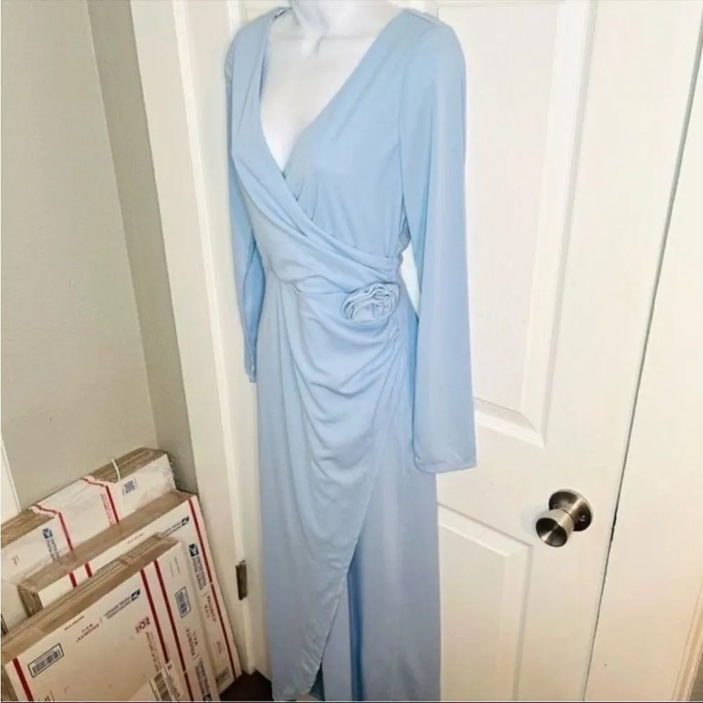 WAYF Long Sleeve Faux Wrap Surplice Front Dress Rosette Powder Blue M NWT - Image 3