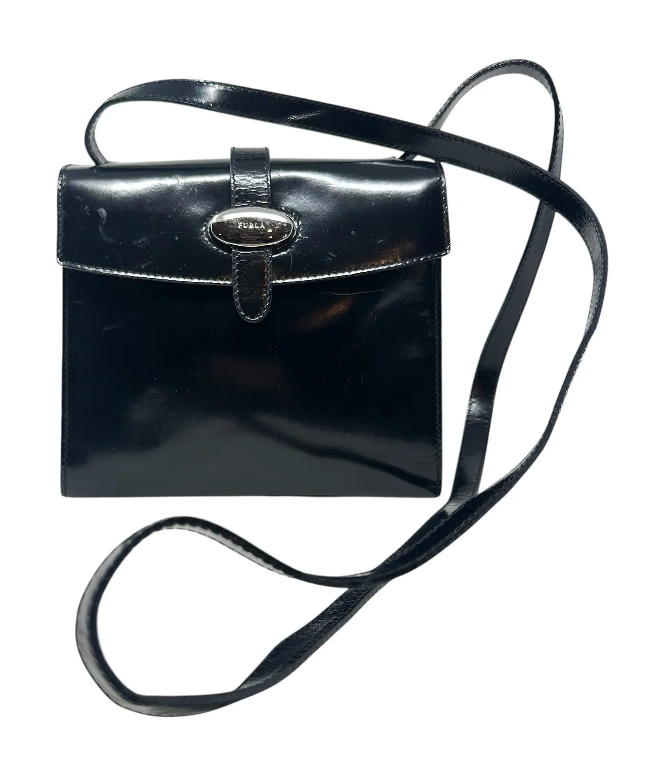 Furla Vintage Shoulder Bag Purse PVC Vinyl Silver Buckle Black - Image 1