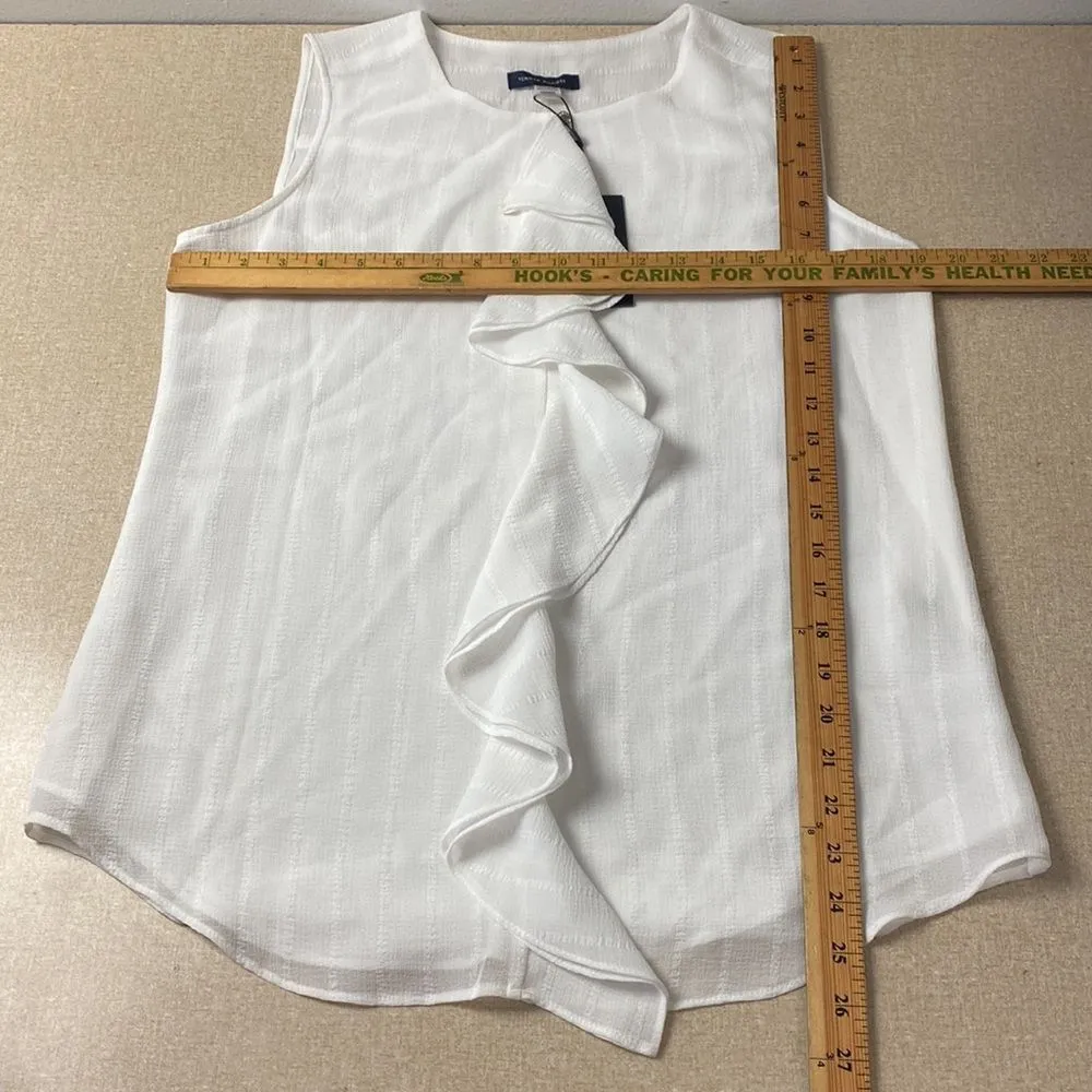 TOMMY HILFIGER White Sleeveless Ruffle Front Top M Lined Blouse - Image 11