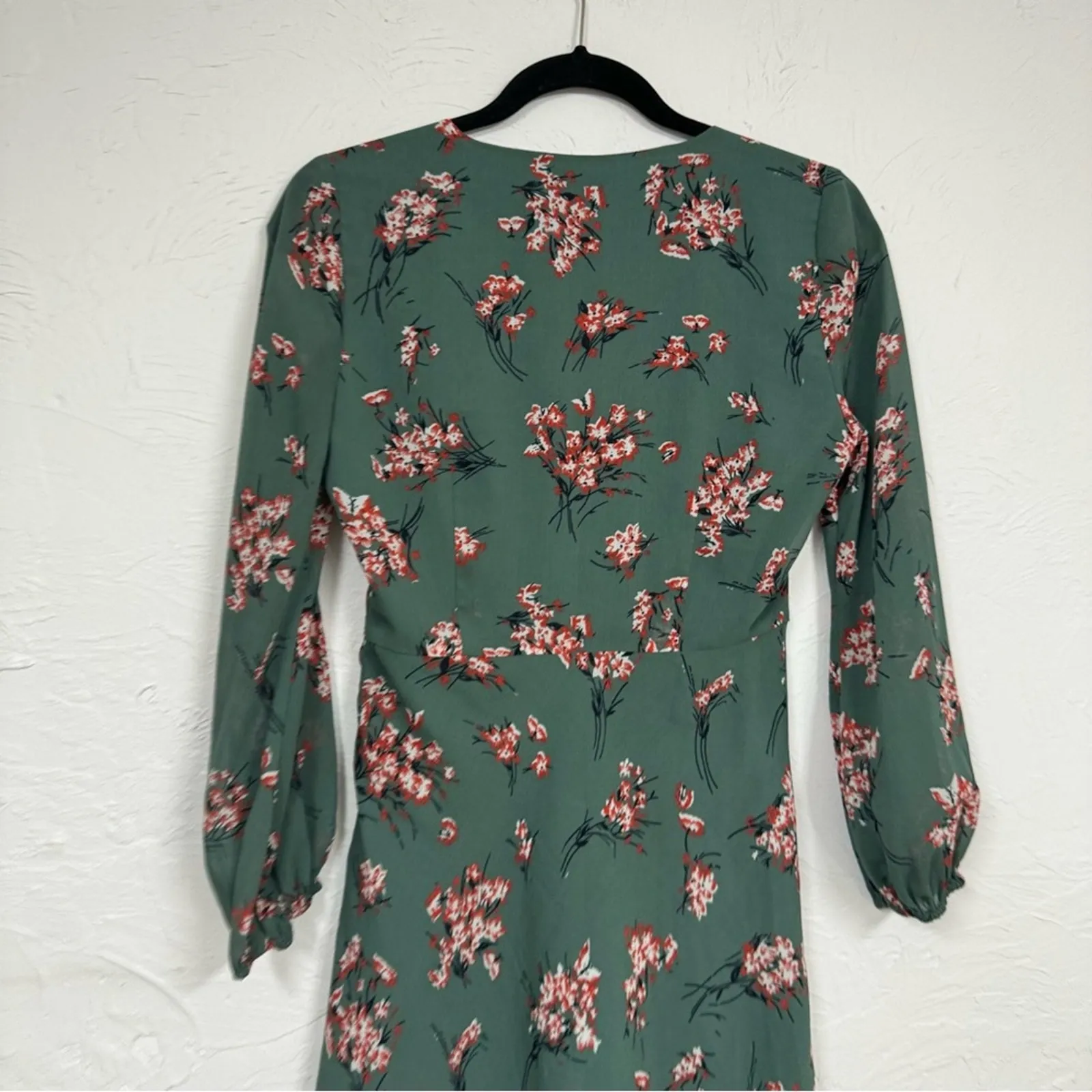 Madewell Green Red Floral Mini Dress Womens 0 Long Sleeve Sheer Boho Fall Casual - Image 3