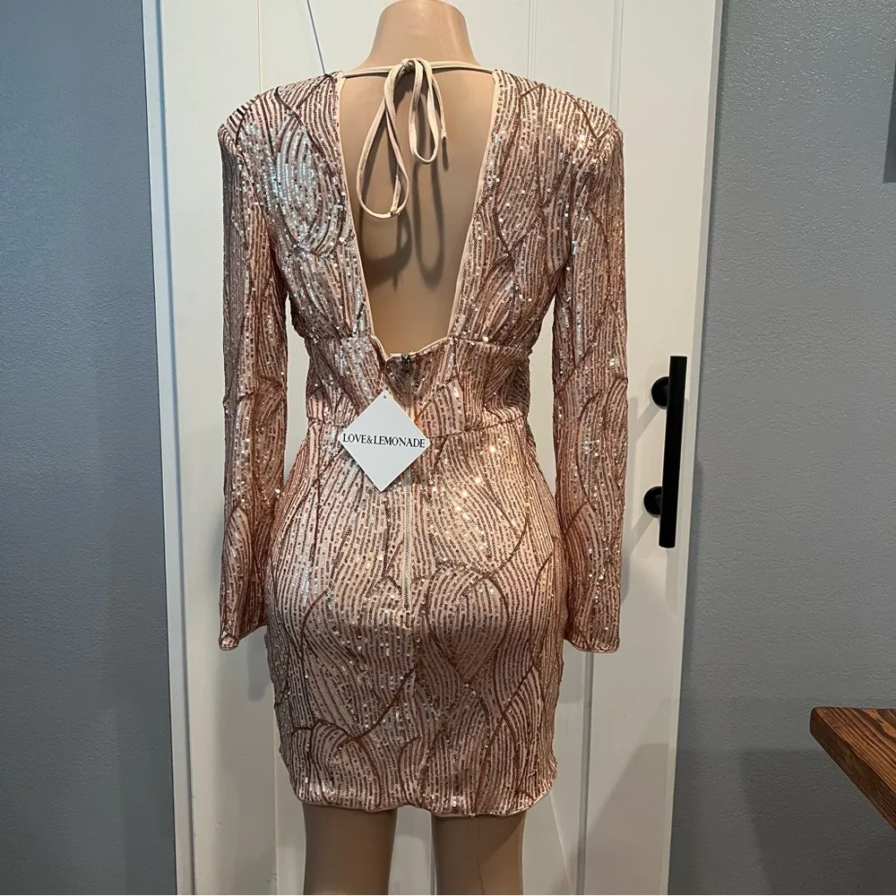 Love & Lemonade Large Deep V Neck Long Sleeve Party Mini Dress NWT Sequins - Image 6