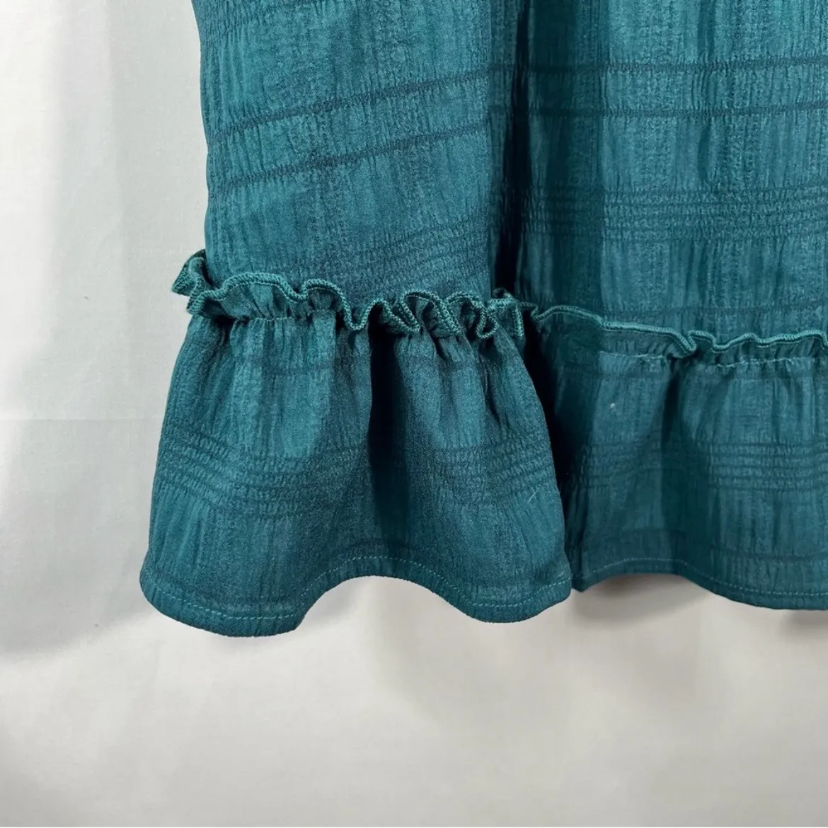 Emery Rose Teal Blue Short Sleeve Striped Textured Ruffle Hem Plus Size Blouse - Image 4