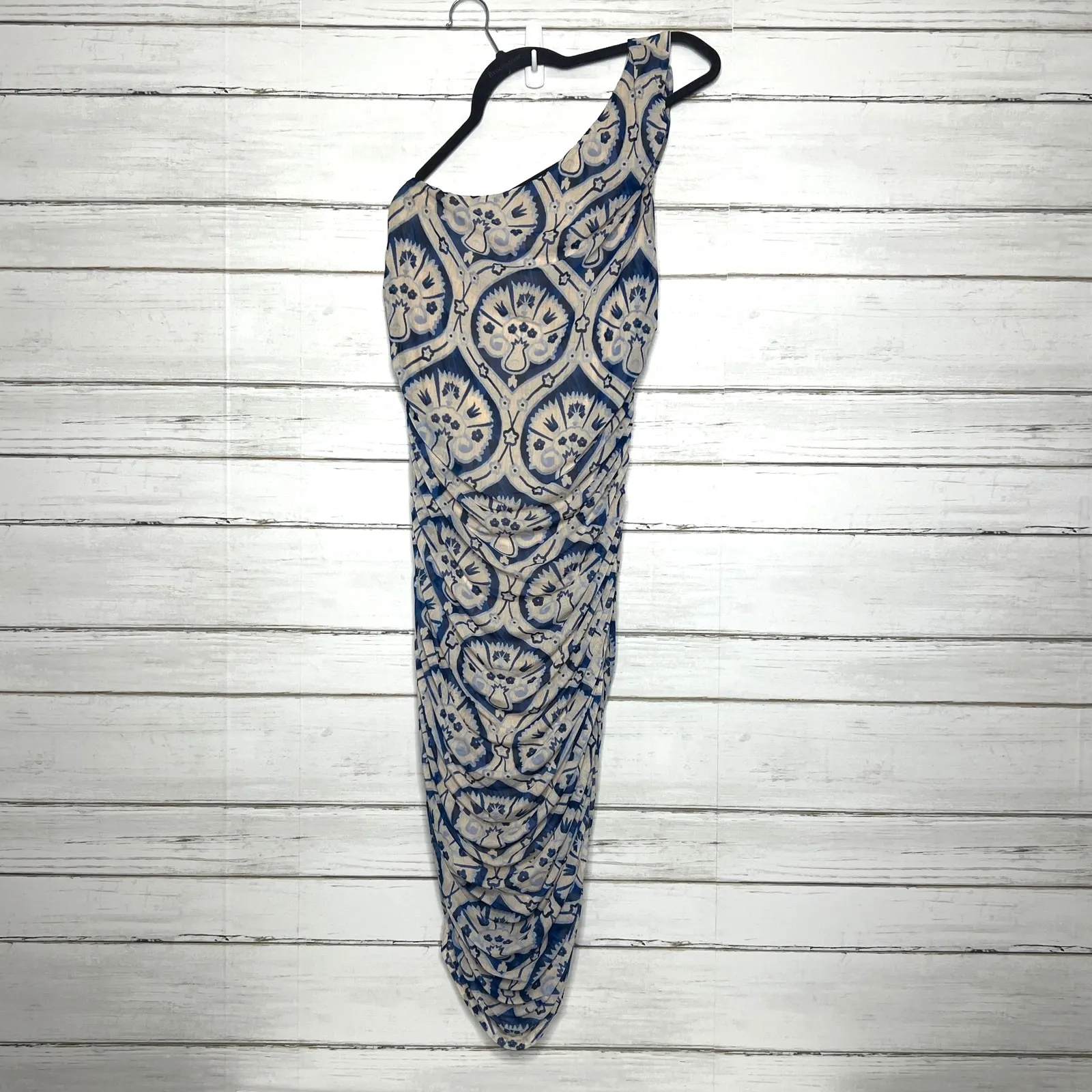 House of Harlow Ruched One Shoulder Bodycon Midi Dress Blue Beige Size Large - Image 2