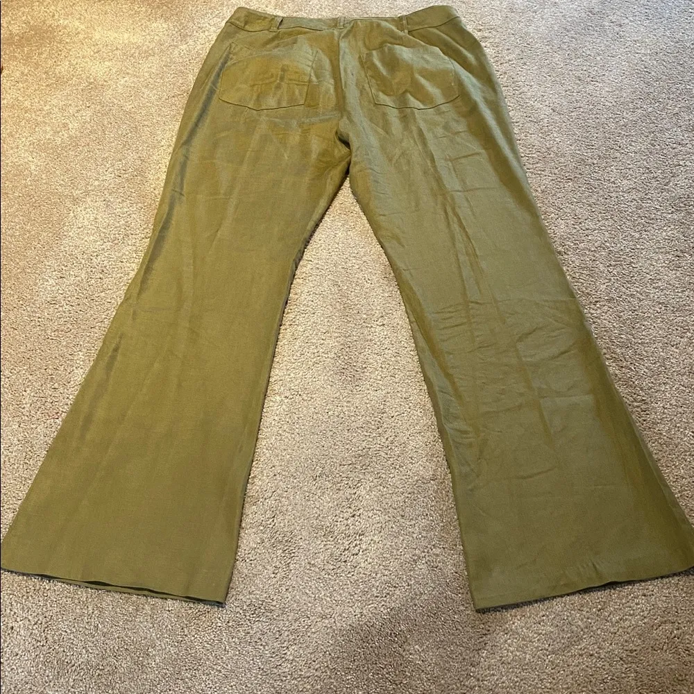 Cabi Linen Iridescent Olive Green Sailor Button Detail Wide Leg Pants Size 10 - Image 11