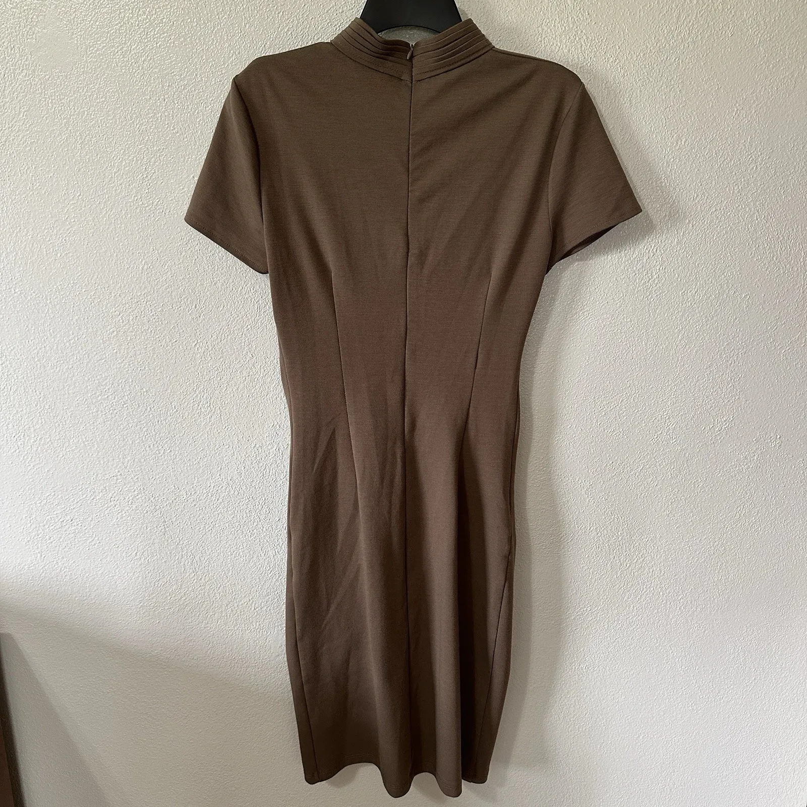 Pana High Mock Neck Ruched Front Knee Length Dress Brown Contemporary Minimal Size 2 - Image 3