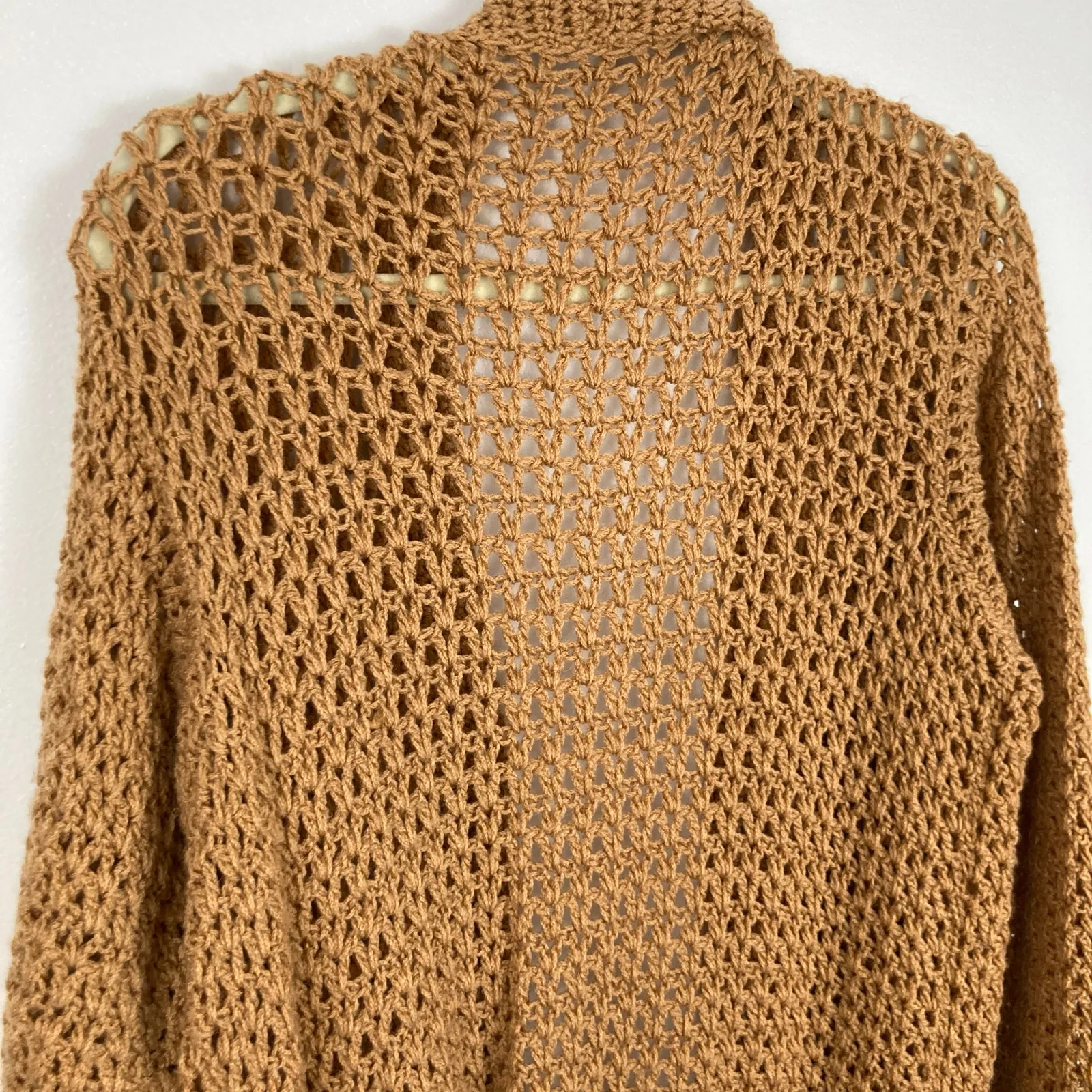 Handmade Womens L Long Brown Crochet Open Knit Oversized Cardigan Boho Granola - Image 8