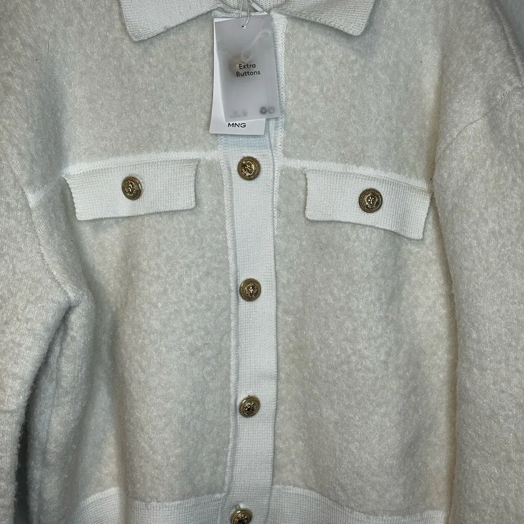 Mango Cream Wool Blend Double Lined Sweater Teddy Jacket with Gold Buttons - Image 2
