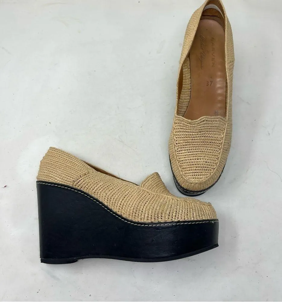 CARVEN X ROBERT CLERGERIE Straw Colorblock Pattern Pumps sz 37 US 7 Tan - Image 9