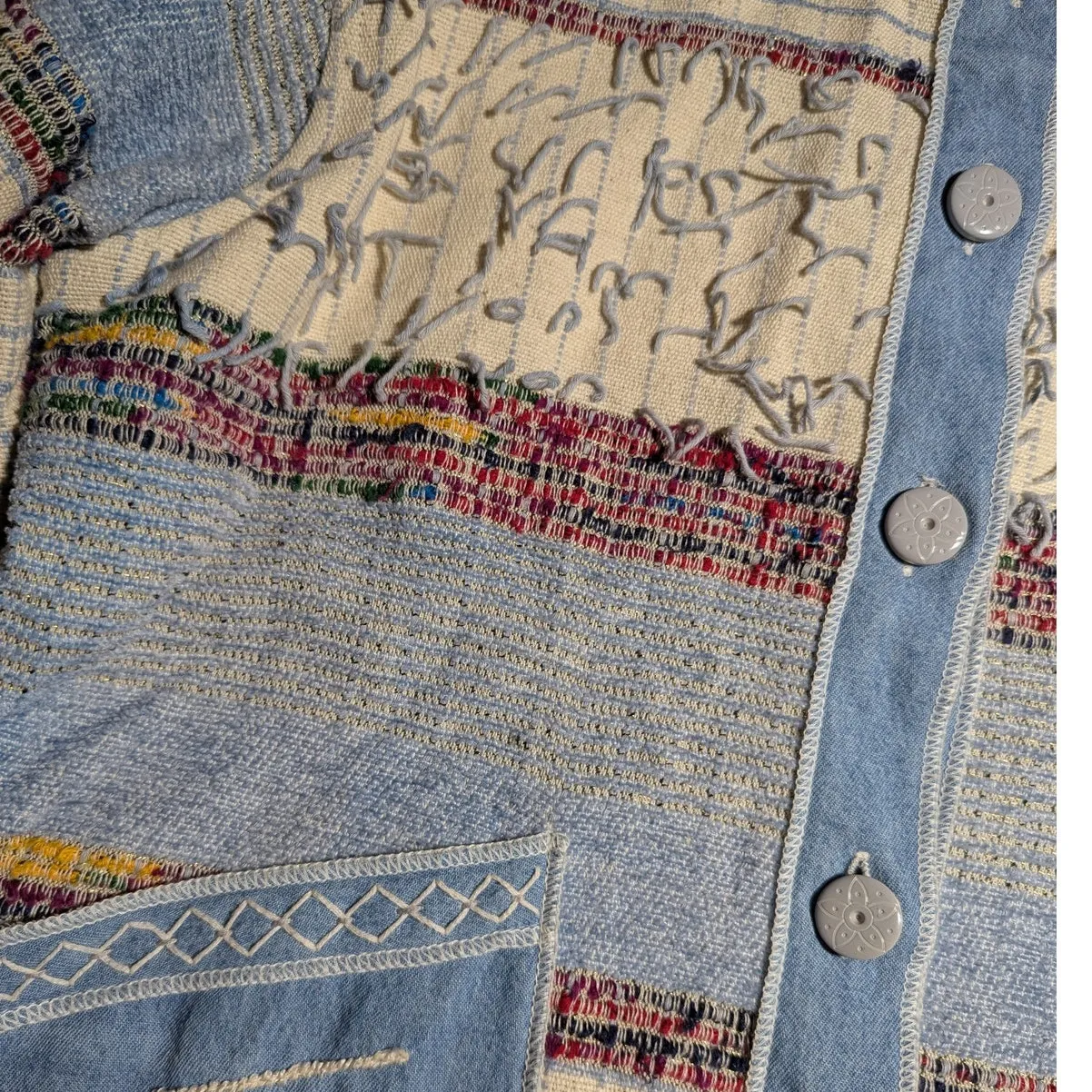 Vtg Y2K Yak Magik Blue Ivory Reversible Fringe Trim0 Blanket Woven Jacket S - Image 4