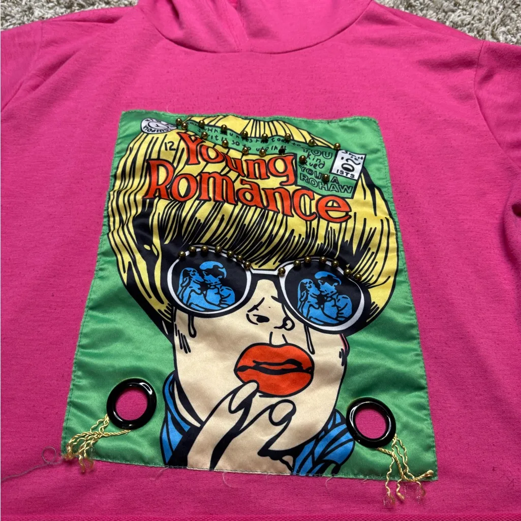Pink Cropped Hoodie w/ Pop Art “Young Romance” Comic Patch Size L - Image 3