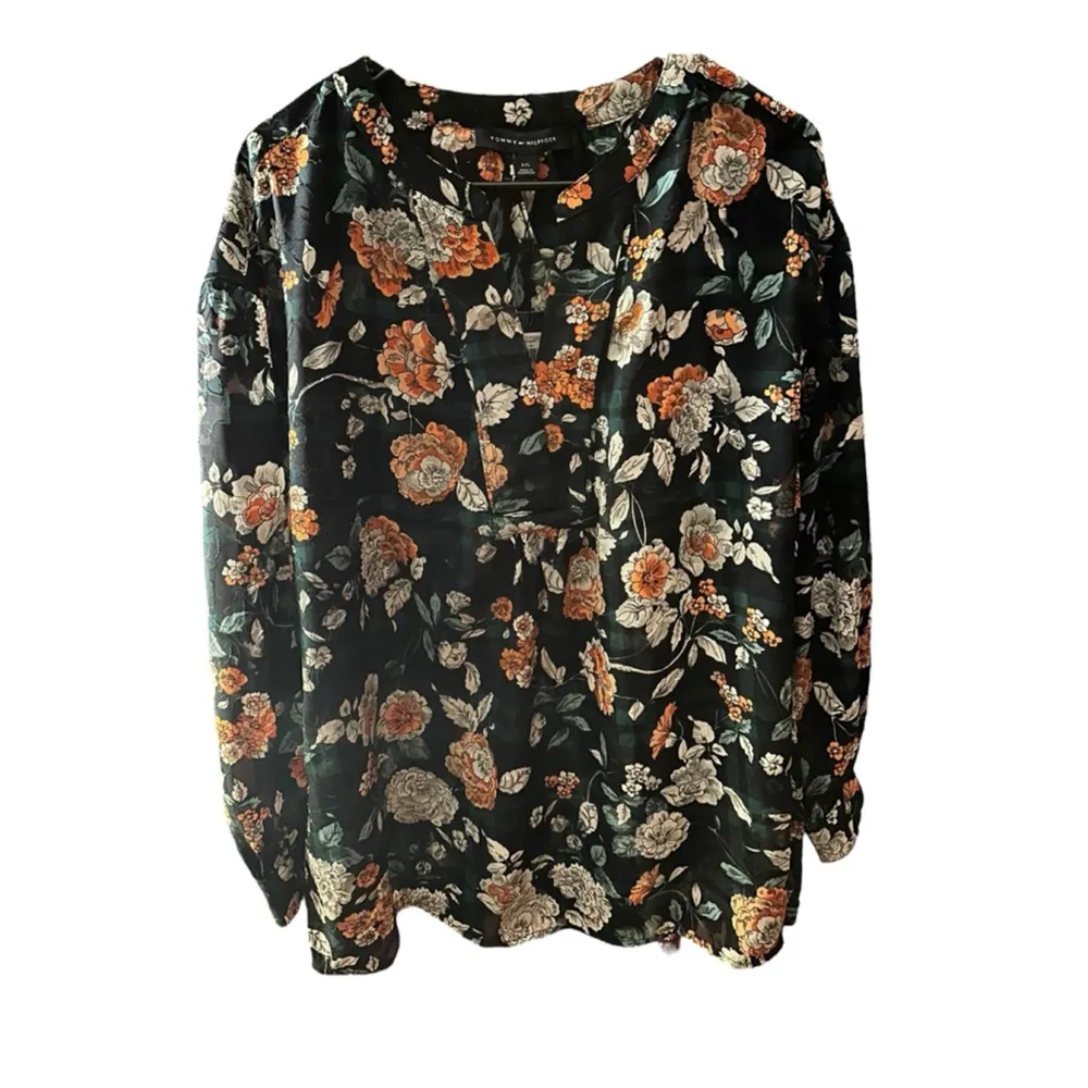 TOMMY HILFIGER Womens Green Floral Long Sleeve V Neck Top L - Image 4