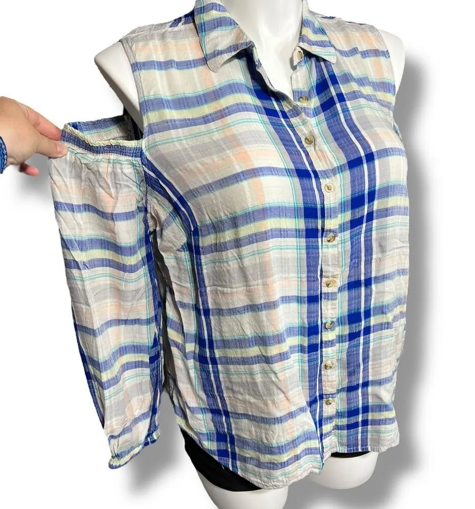 Maurices Womens Shirt Button Down Collared Cold Shoulder Long Sleeve Plaid 1X - Image 2