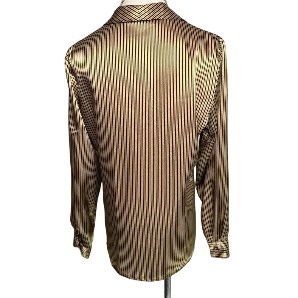 Vintage K Arnold black gold metallic striped wide collar satin blouse size small - Image 4