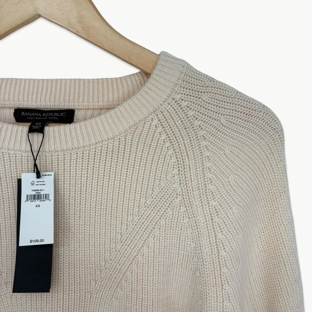 NWT Banana Republic Merino Wool Crewneck Knit Cuffed Sleeve Sweater | XS | Ivory - Image 4
