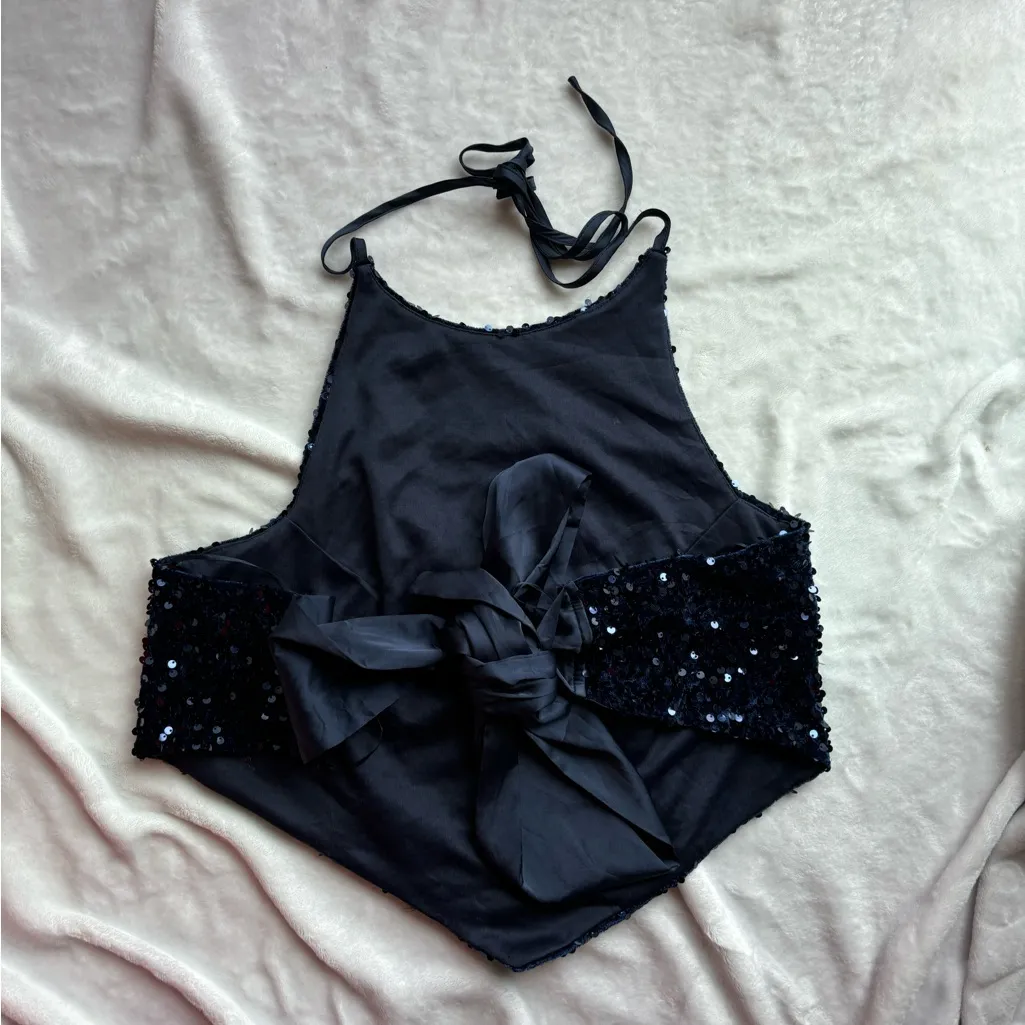 Altar’d State navy blue embellished Sequin Halter open back crop top - Image 2