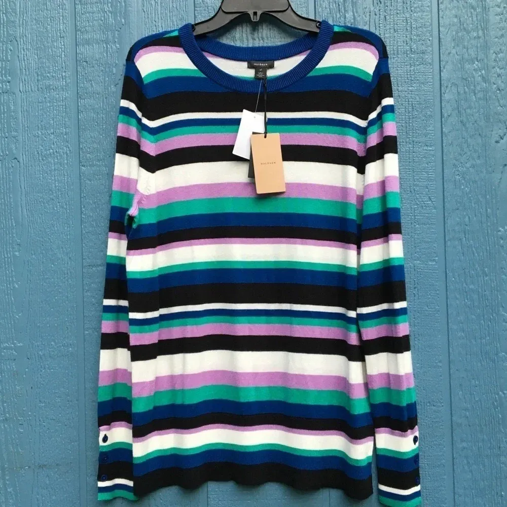 Halogen Freya Striped Crewneck Sweater XS Blue White Purple Button Long Sleeve - Image 2