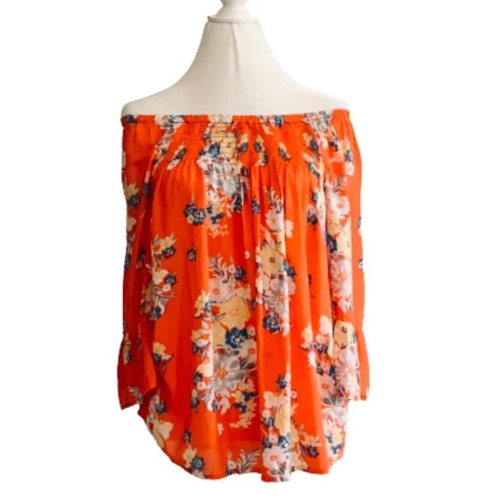 beachlunchlounge Top Latoya Tangerine Floral 3/4 Bell Sleeve Peasant Top Small - Image 12