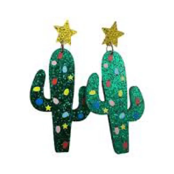 Glitter Christmas Cactus Acrylic Earrings with Star Topper Green - Image 6