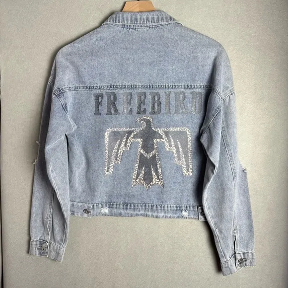 C+D+M Collection Boutique Free Bird Leopard Print Graphic Jean Jacket Size S Blue - Image 2