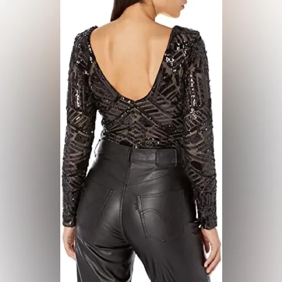 Dress the Population Leia Bodysuit Top Black Sequin Black & Nude Size XS - Image 9