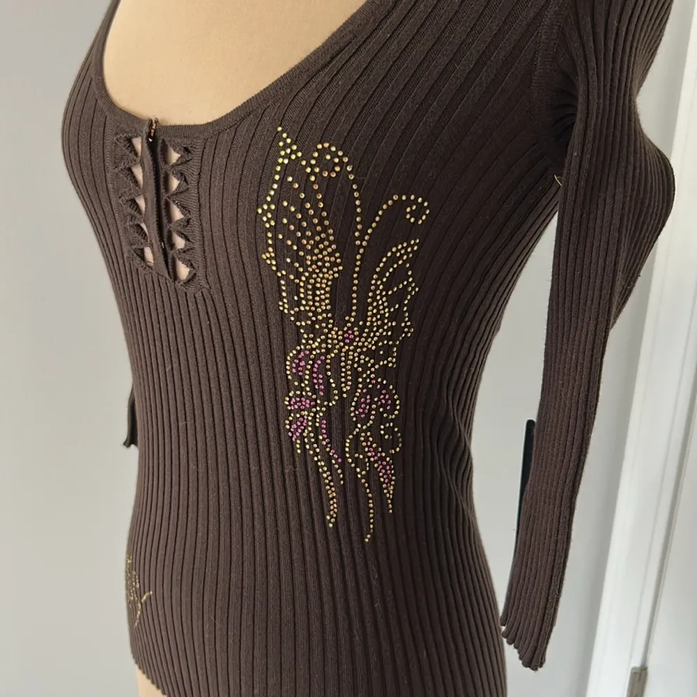 Ed Hardy Brown Ribbed Rhinestone Cold Shoulder Sweater - Image 3