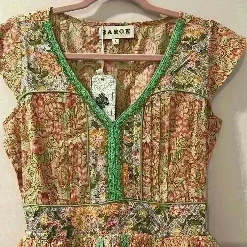 NWT Barok Paris Floral Midi Lace Metallic Ruffle Dress Boho Peach Size Small Pink - Image 3