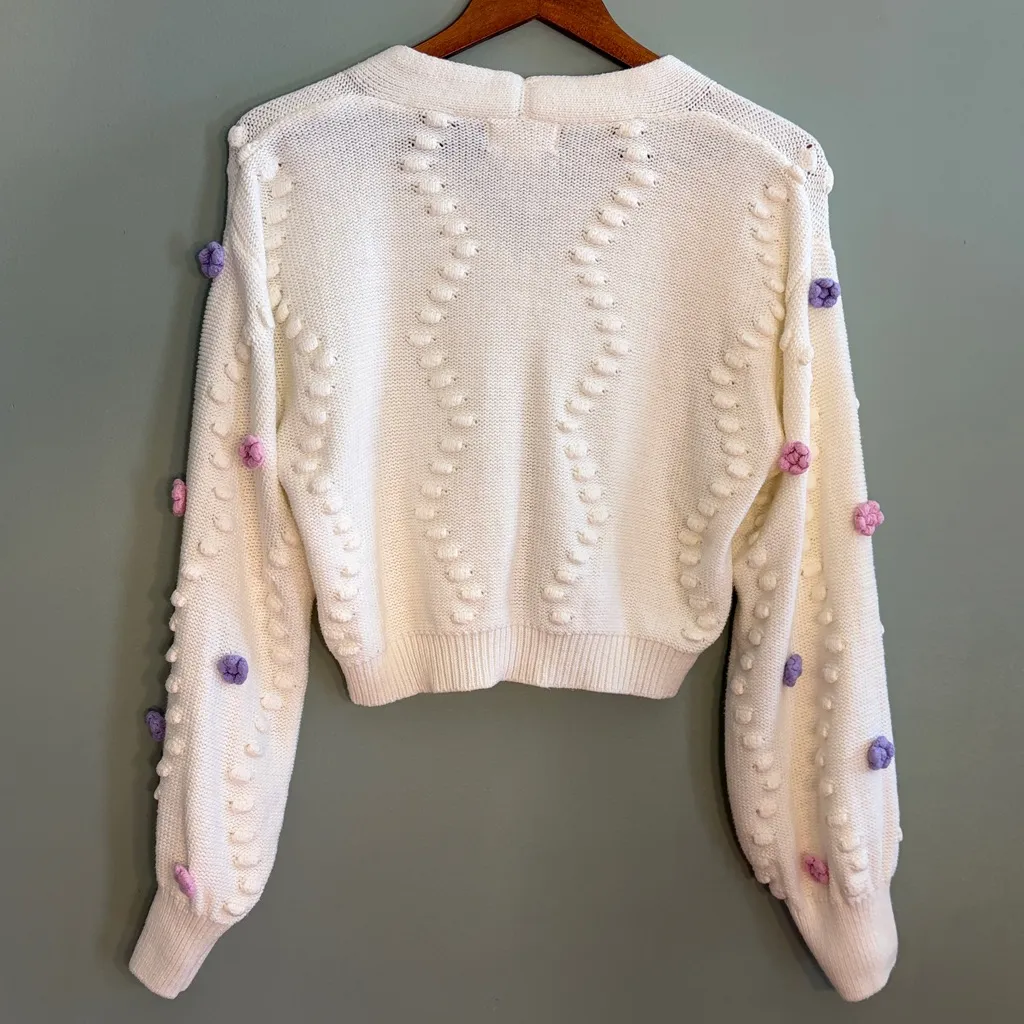 Jessica Simpson Size XL Cream Knit Embroidered Floral Cardigan Sweater - Image 5