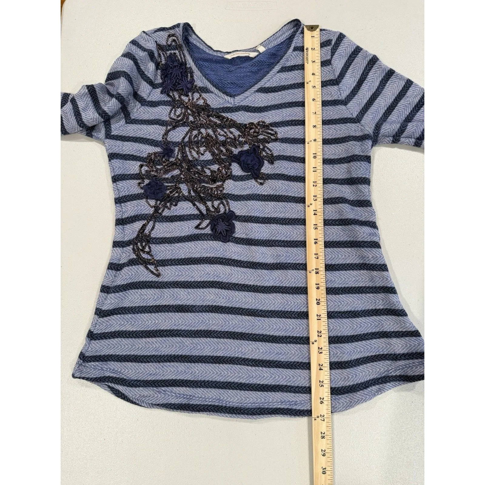 Soft Surroundings Syrah Top Womens Medium Striped Floral Crochet Applique Knit - Image 4