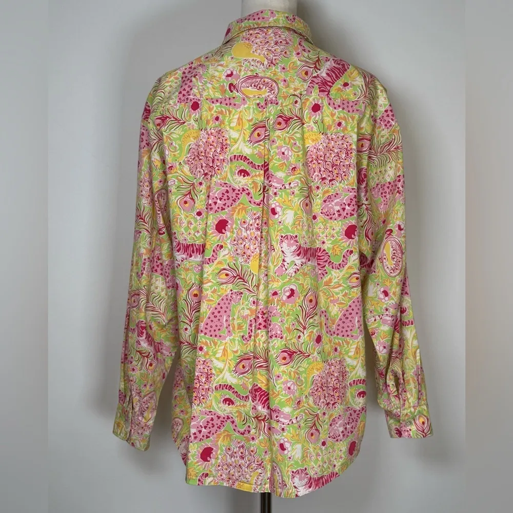 Key West Oversized Animal Beach Print Button Down Shirt 100% Cotton Size Medium Pink - Image 4