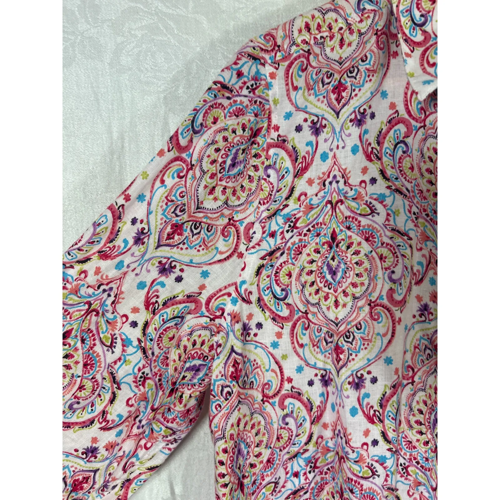 Chicos Button Up 1 Medium 8 10 Pink Paisley 100% Linen Long Line 3/4 Sleeve - Image 4