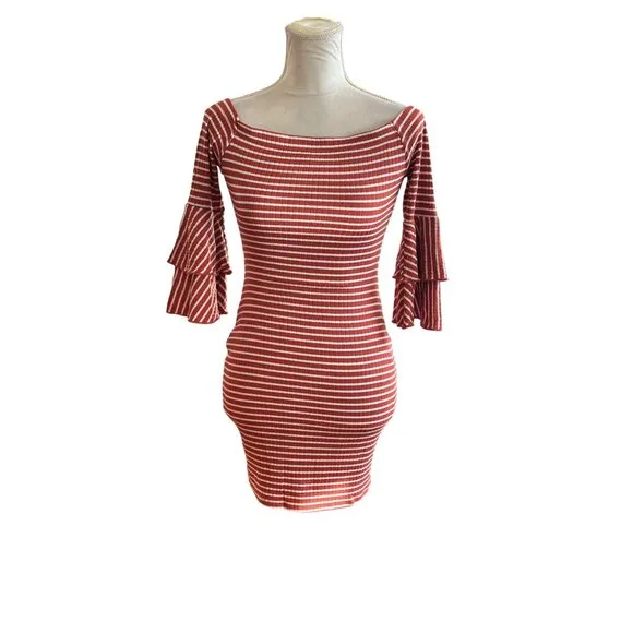 Vintage Womens off-the-shoulder mini dress Striped tiered ruffled sleeves Sz S - Image 2