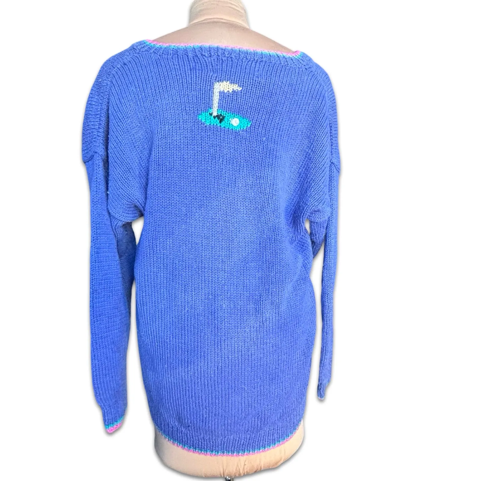 Vintage Portraits By Northern Isles Golf Cardigan Hand Knit Novelty Sweater 3X Blue - Image 6