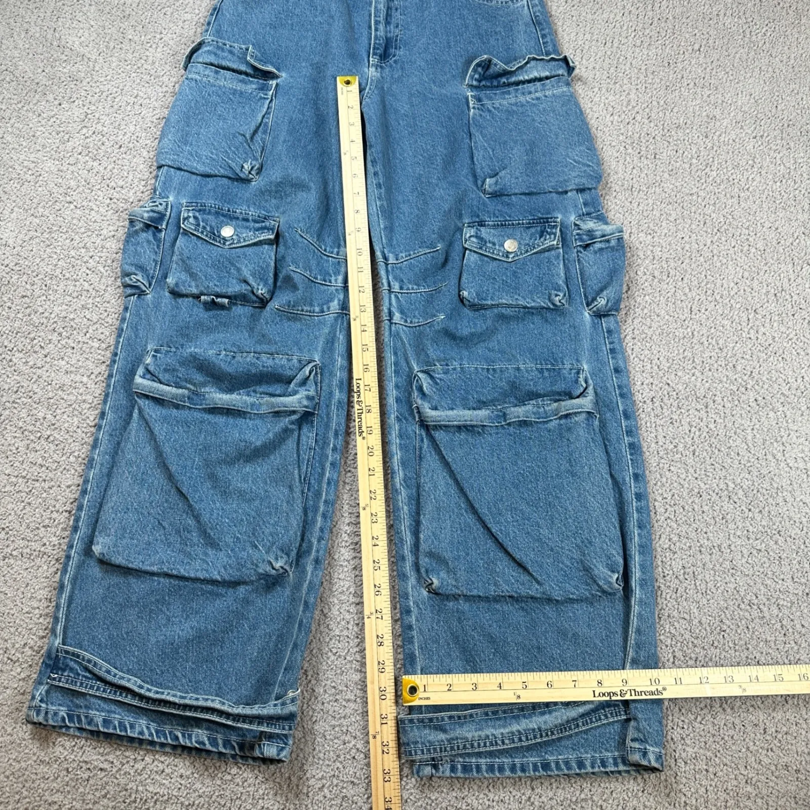 Y2K Cargo Jeans Multi Pocket Denim Pants Blue Women's 28 Light Wash Wide Leg F21 - Image 3