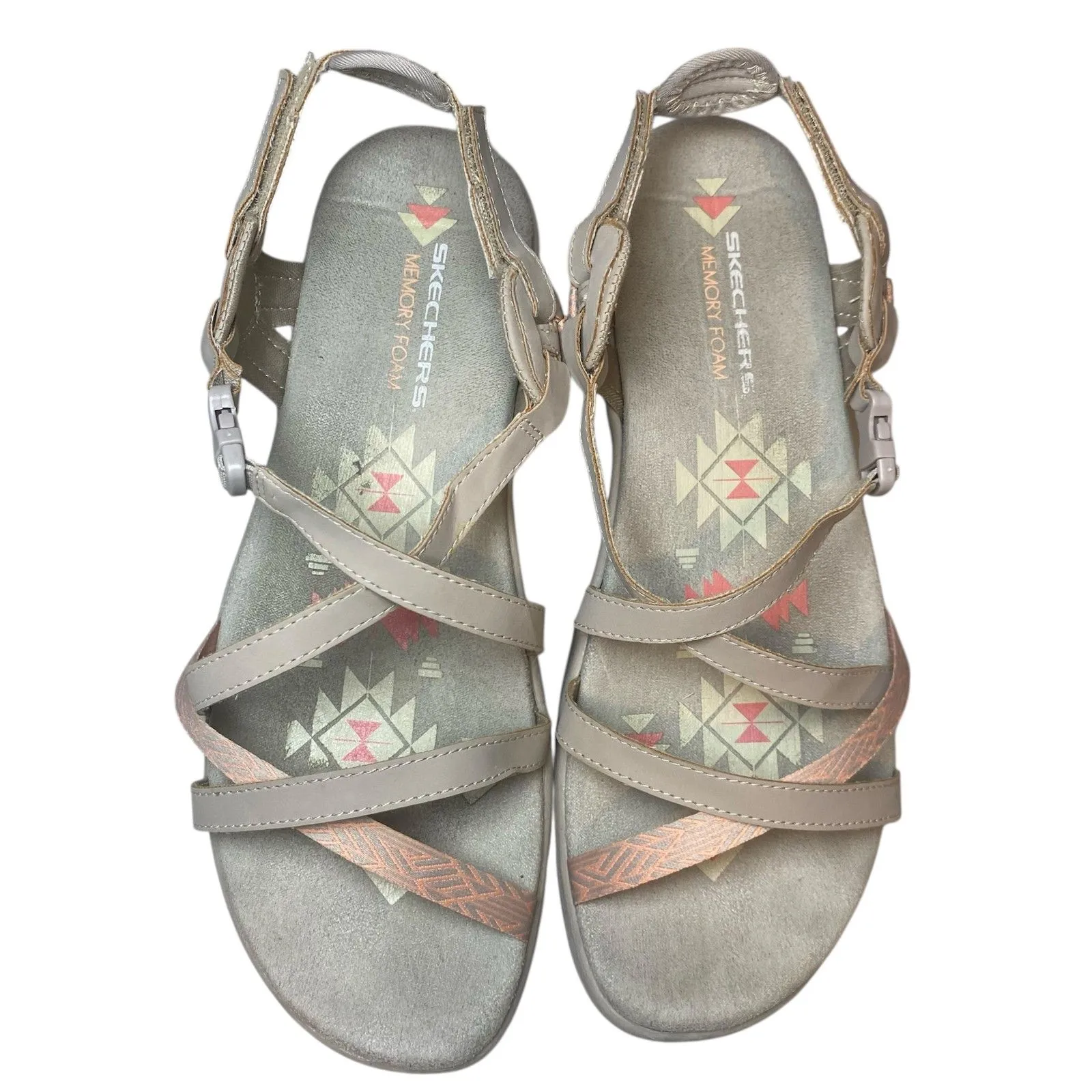 Skechers Reggae Slim-Vacay Sandals Sz 9 Beige Pink Strappy Memory Foam Comfort - Image 5