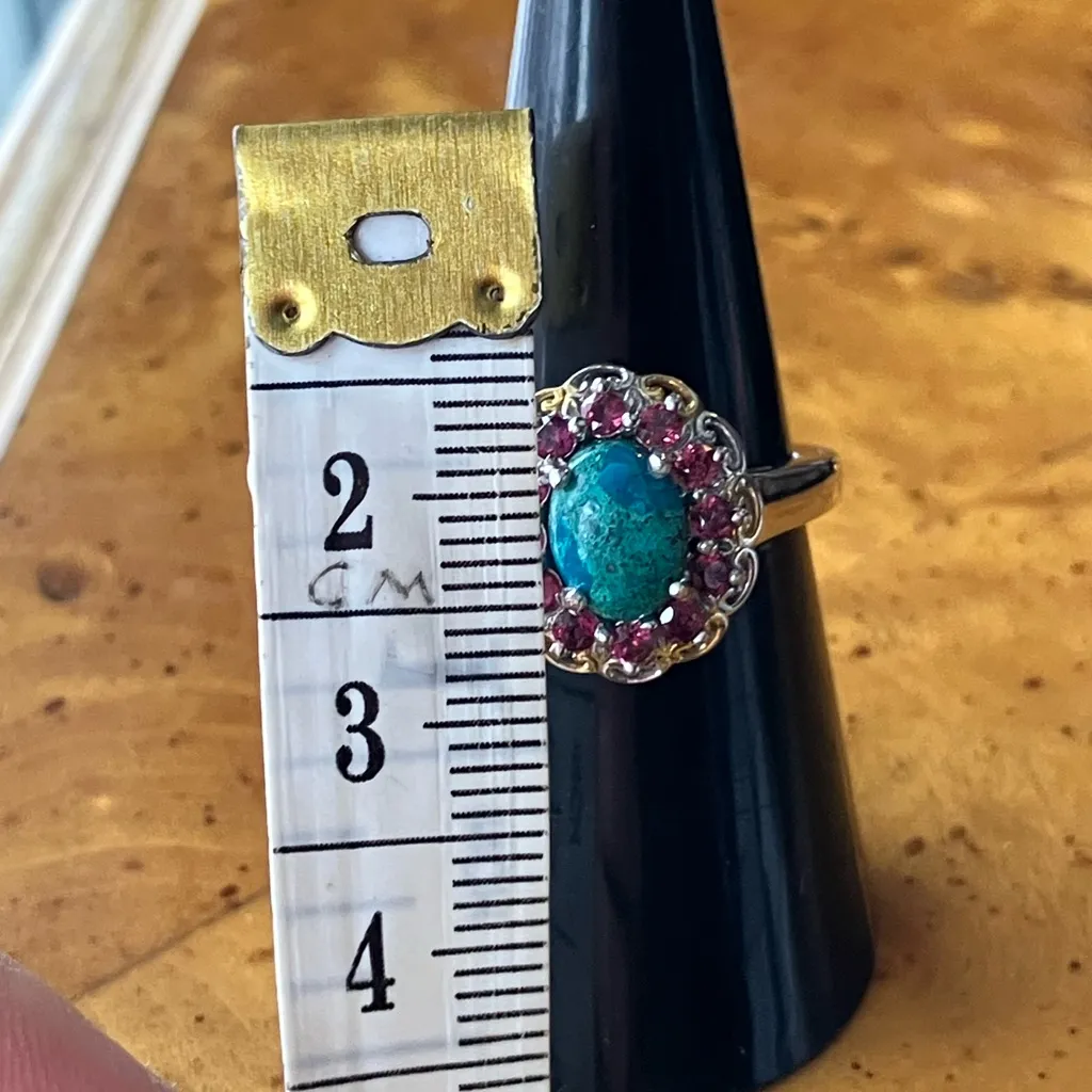 Chrysocolla Orissa Garnet Halo Ring Size 7 Silver - Image 7