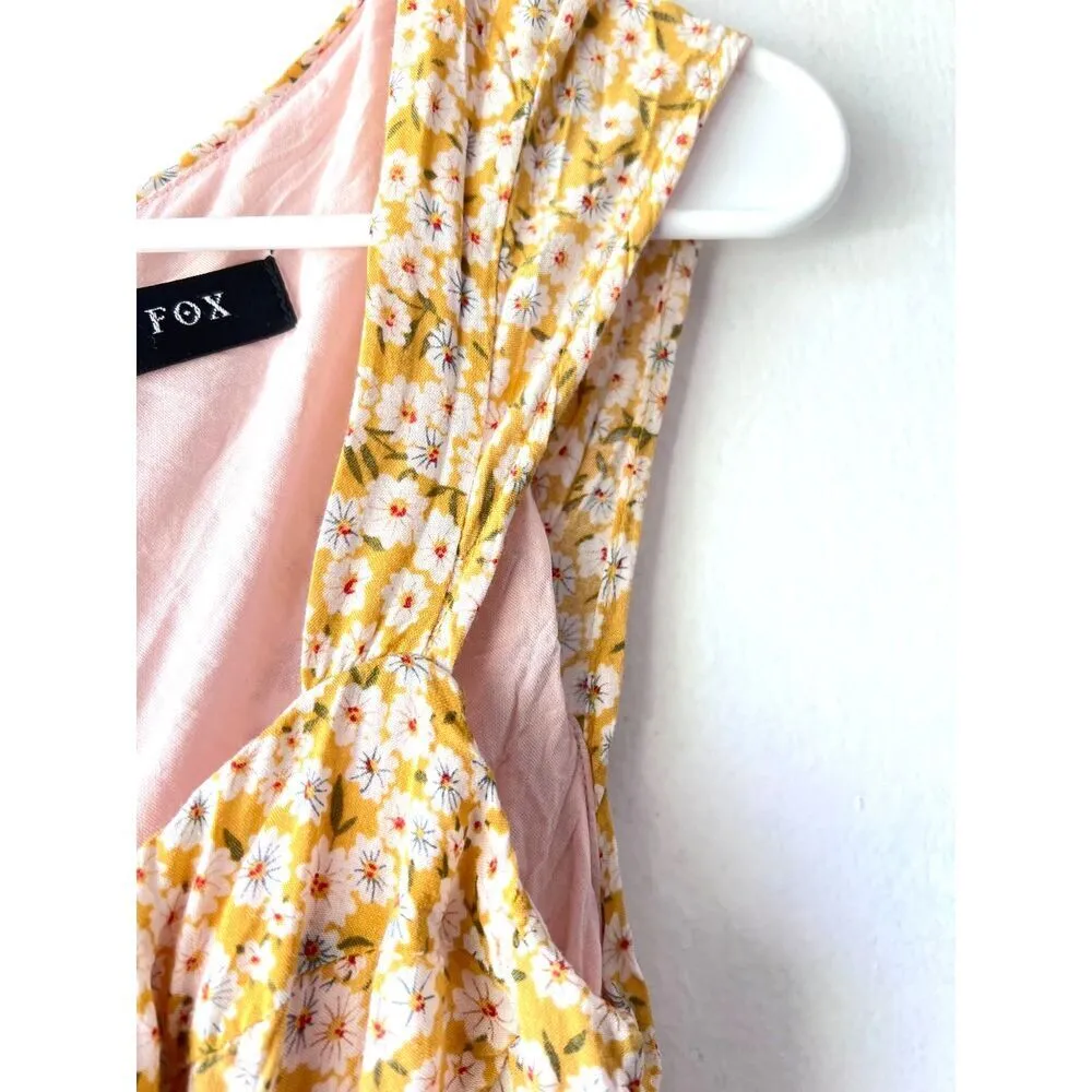 White fox Boho womens sundress yellow sleeveless casual‎ floral cotton mini S. - Image 5
