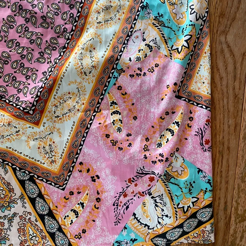 pink and yellow patterned paisley floral wrap silk midi skirt Size M - Image 12