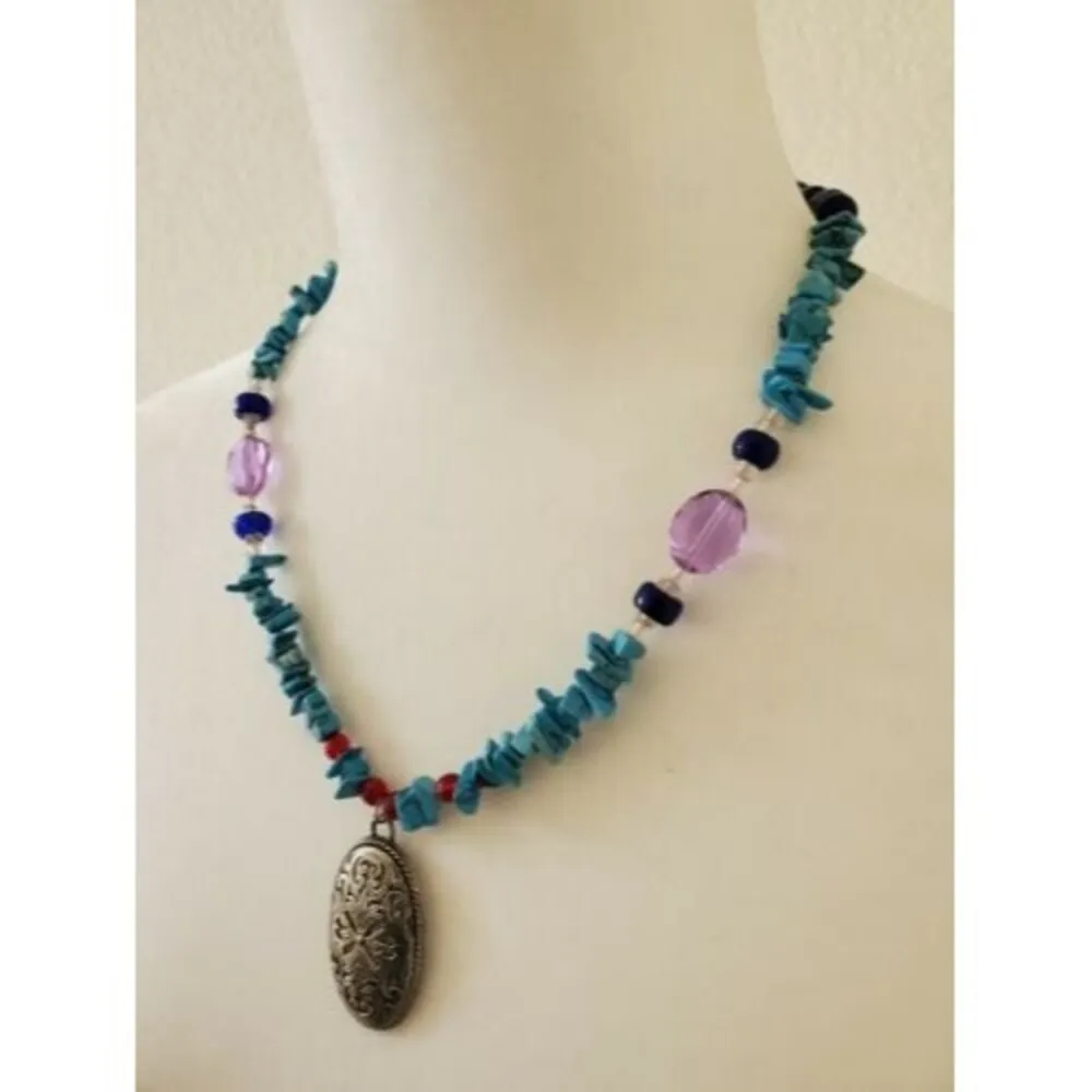 Handmade Turquoise Glass Bead Agate Necklace Loop Closure Pierced Pendant - Image 4