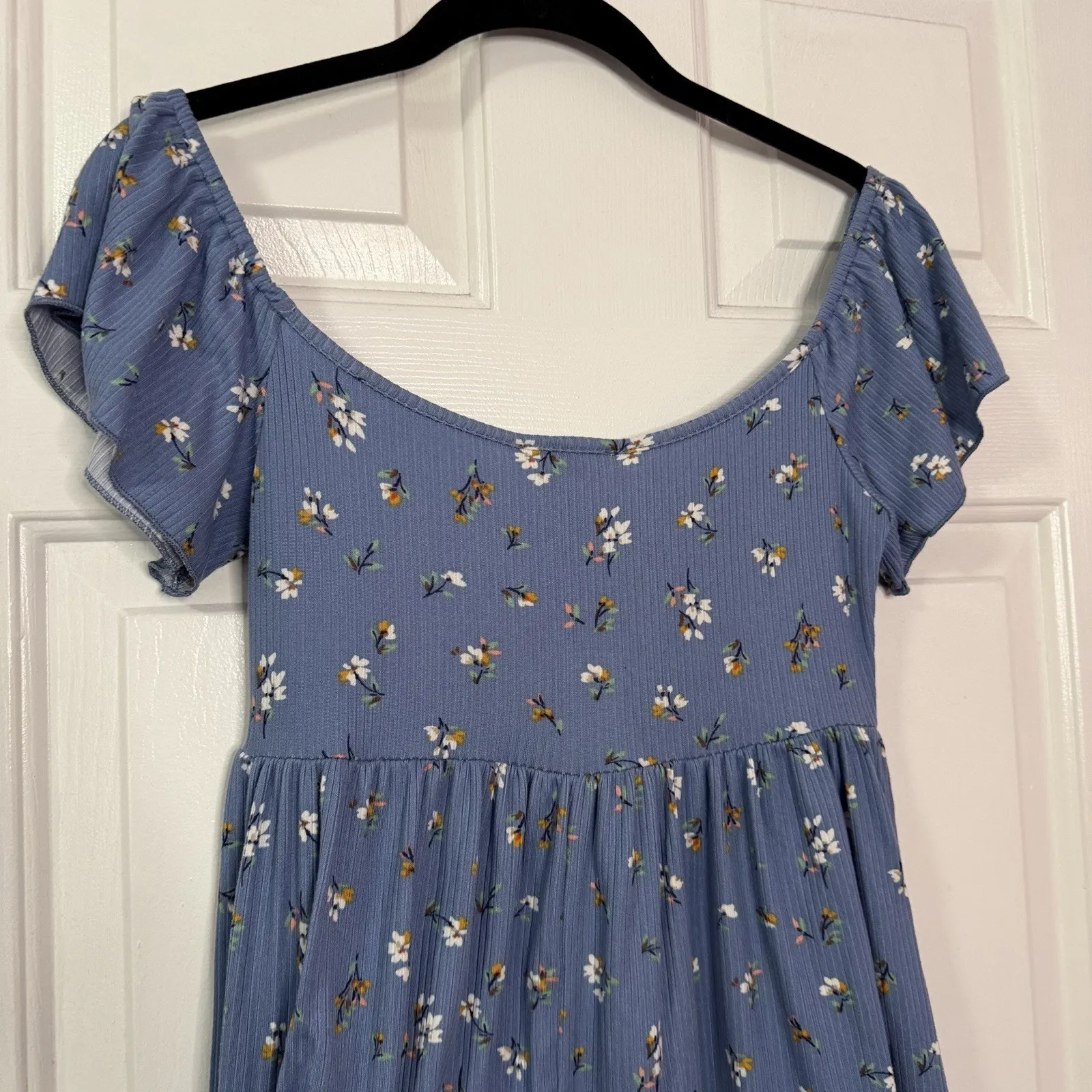 See You Monday Dress Babydoll Ribbed Spring Floral Flower Printed Blue Dress S - Image 5