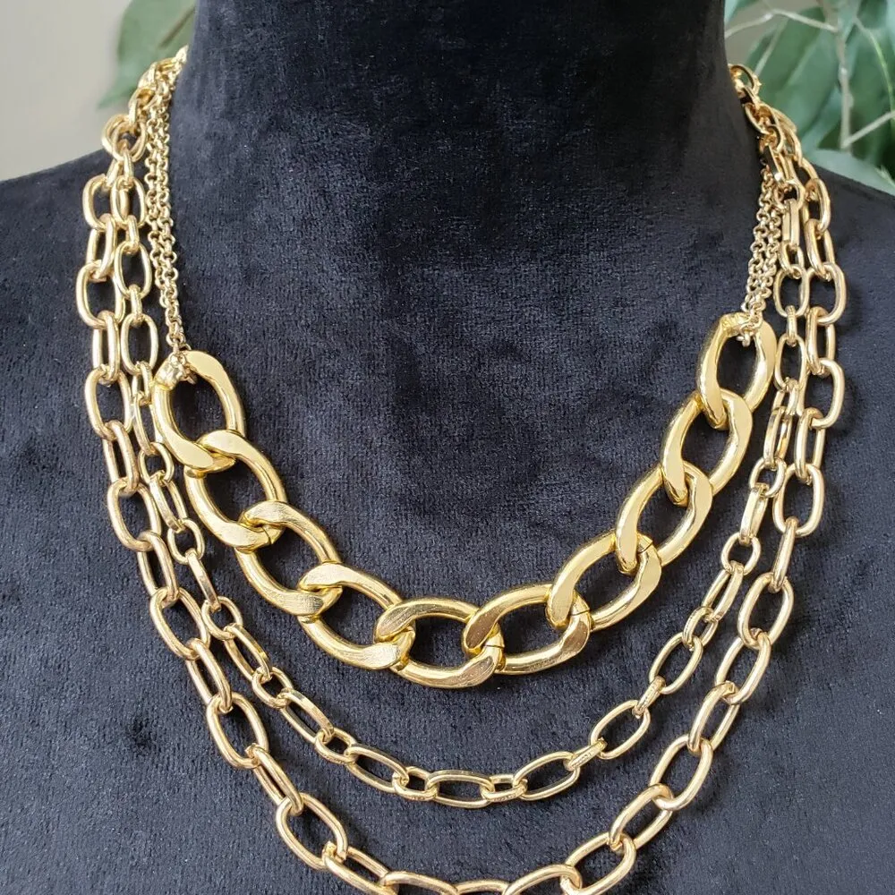 Women Gold Tone Triple Strand Paperclip & Linked Chain Necklace w/ Lobster Clasp - Image 3