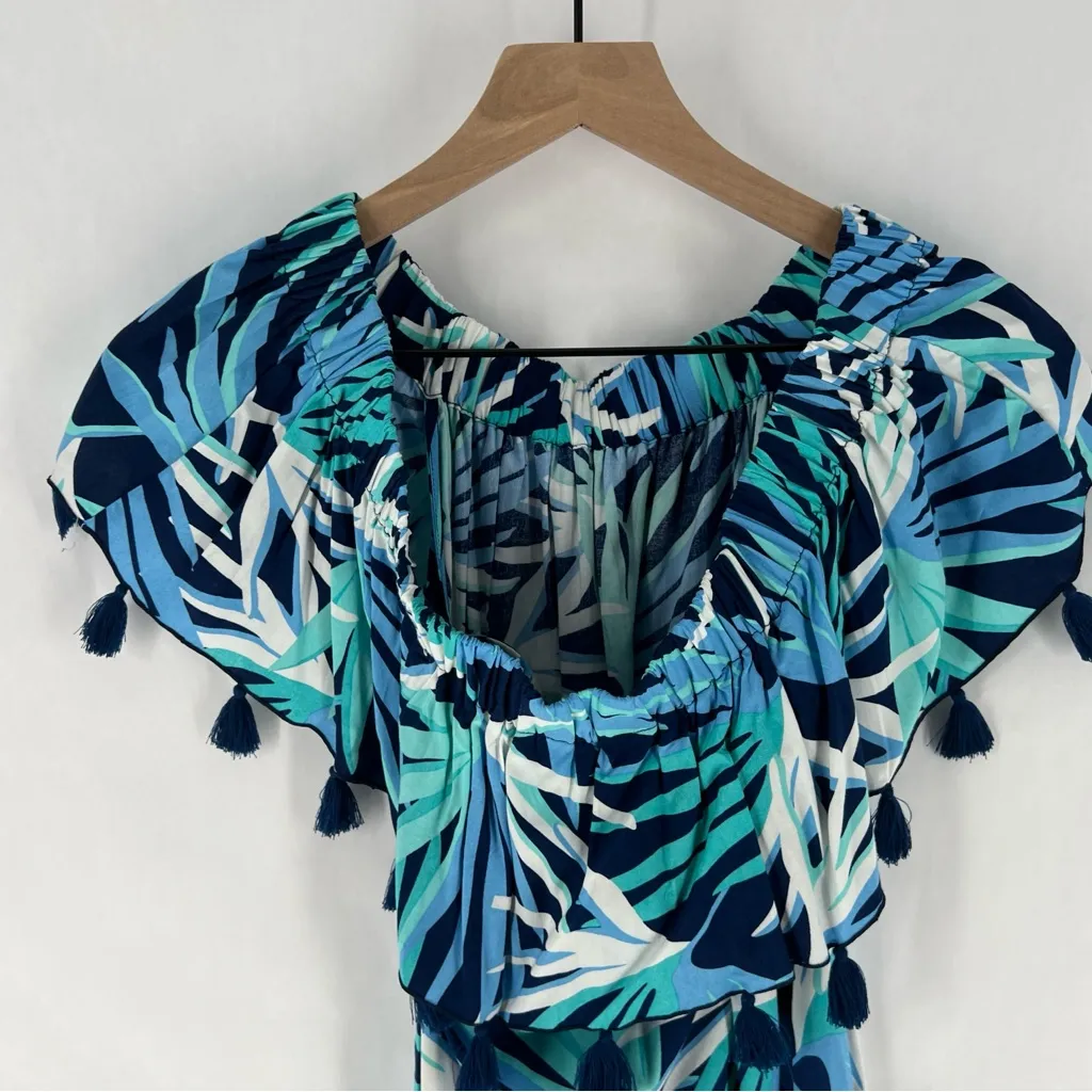 Escapada Living Monica Tassel‎ Dress Blue Tropical Leaf Print Off The Shoulder - Image 11