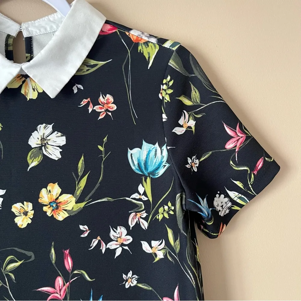 ZARA | Black Floral Collared Shift Dress Sz S - Image 4