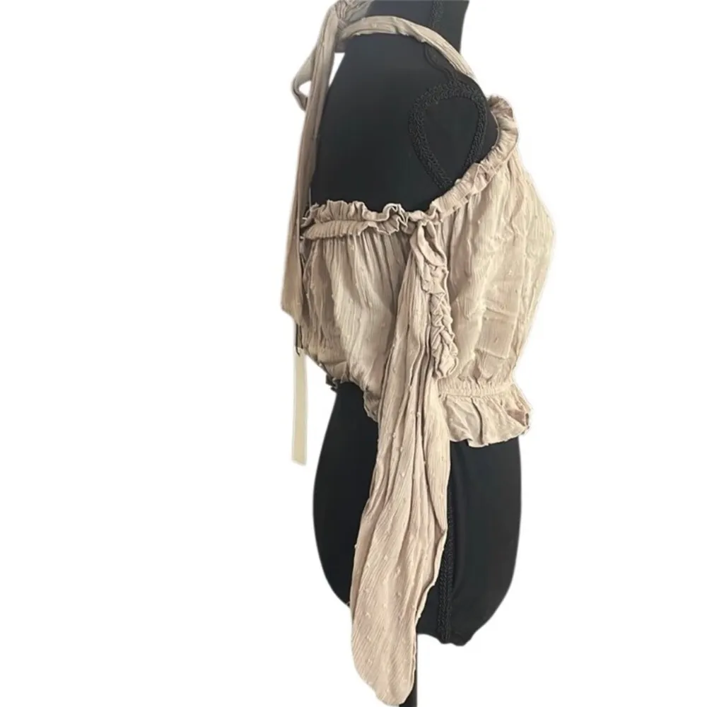 Mustard Seed Cream Ruched Ruffled Long Sleeve Blouse - Image 3