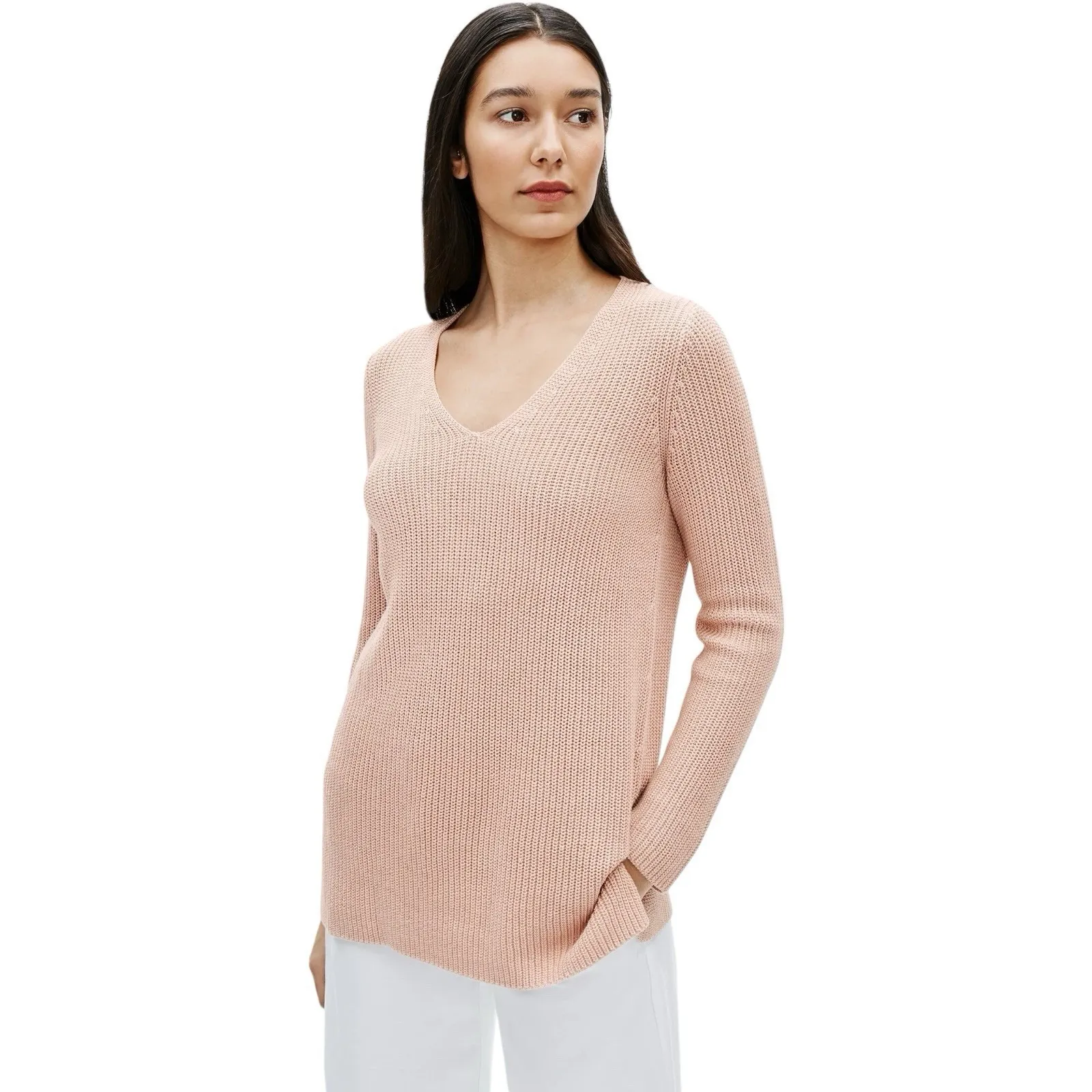 Eileen Fisher Organic‎ Linen Cotton V-Neck Long Sleeve Pink Tunic Sweater MED - Image 2