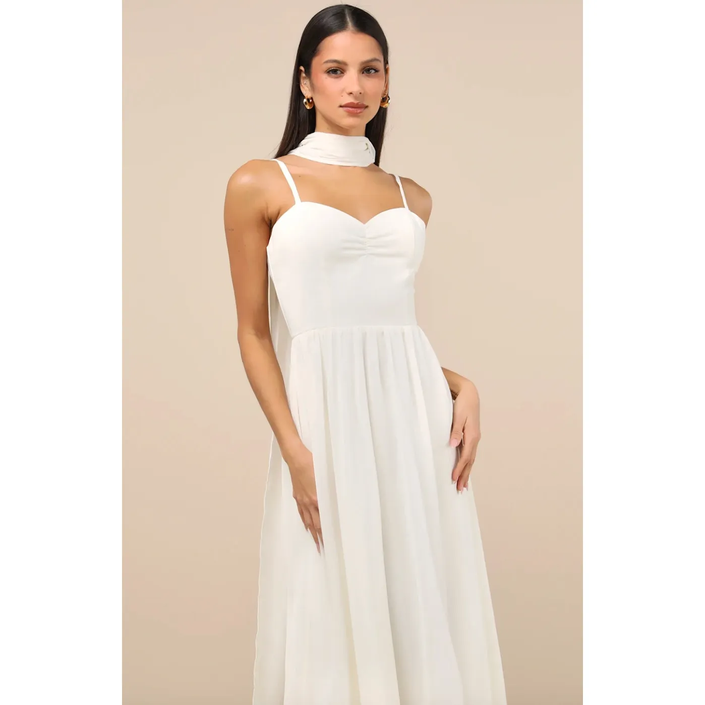 NEW Lulus Irresistibly Darling Ivory Chiffon Midi Dress and Scarf Set Large - Image 4