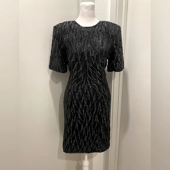 VTG 80s Stenay Black Sequin Formal Cocktail Party Above Knee Short Sleeve Dress Size 10 - Image 2