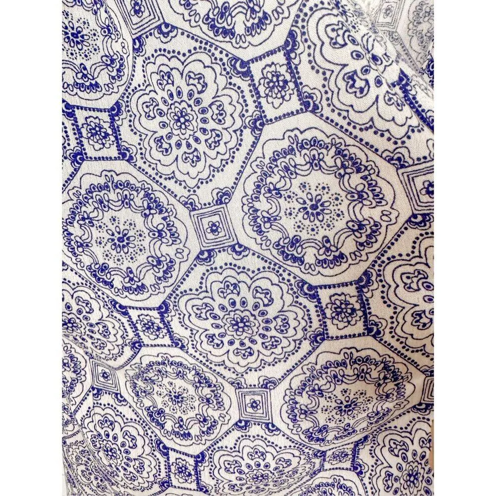 Stitch Fix Women's Geometric Print Open Front Cape Lace Back Kimono Blue White X - Image 5